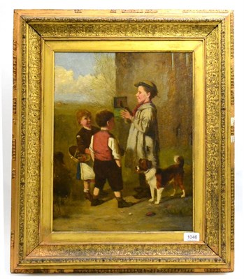 Lot 1046 - Attributed to Joseph H Barnes (ex.1881-1887) Three children amused by a caged bird, signed, oil...
