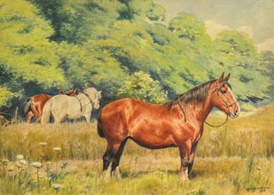 Lot 1053 - Dorothy Margaret (1900-1992) & Elizabeth Mary Alderson (1900- 1988) Work horses in a meadow,...