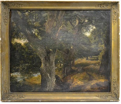 Lot 1055 - Attributed to James Arthur O'Connor (1792-1841) Deer in woodland, oil on canvas, 34cm by 53cm