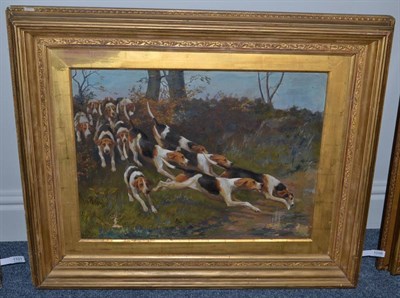 Lot 1098 - Alfred Duke (1893-1905), Hounds jumping a hedge, signed, oil on canvas, 43.5cm by 59.5cm