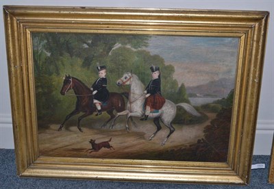 Lot 1101 - British School (19th century) Two young boys on horseback galloping through the highlands in...