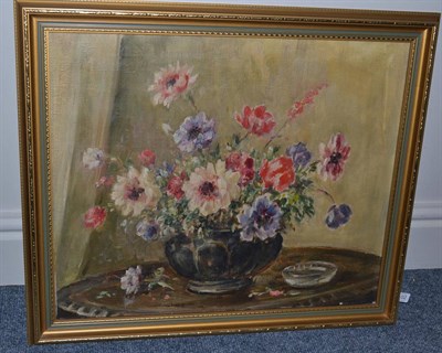Lot 1102 - Owen Bowen ROI, PRCamA (1873-1967) Still life of Summer flowers in a blue vase, signed, oil on...