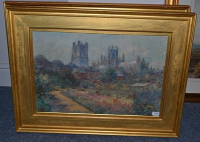 Lot 1105 - Attributed to Henry Charles Brewer RI (1866-1950) A view of a cathedral, possibly Ely, from a...