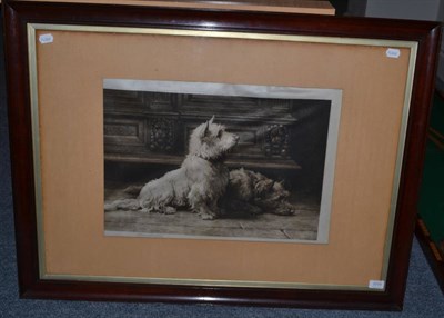 Lot 1111 - After Herbert Dicksee RE (1862-1942), A pair of terriers seated beside a bench, signed in pencil, a