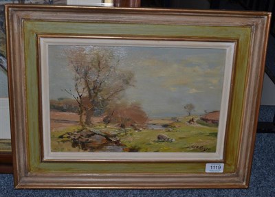 Lot 1119 - William Miller Frazer R.S.A.(1864-1961) Landscape with sheep, signed, oil on panel, 21.5cm by 33cm