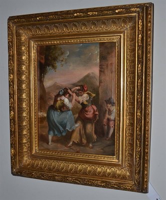 Lot 1123 - Italian School (18th/19th century) Two women engaged in a brawl with a man looking on, oil on...