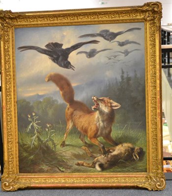 Lot 1130 - Benno Raffael Adam (1812-1892), Fox with a dead hare being swooped on by a flock of crows in a...