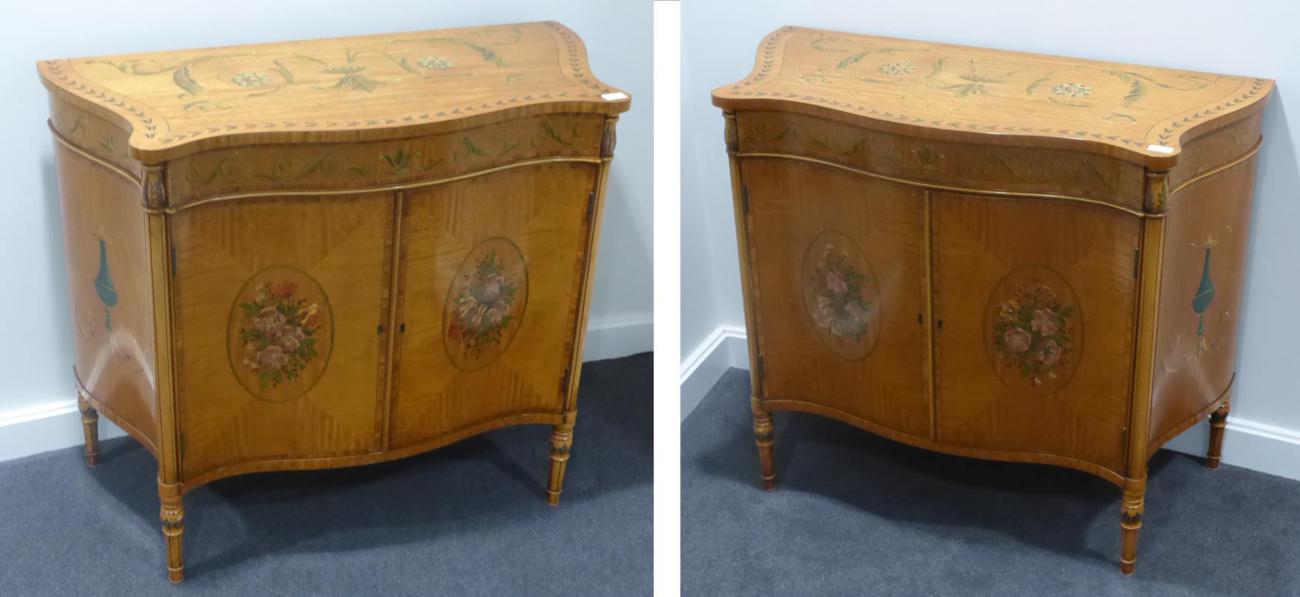 Lot 1530 - A pair of Edwardian satinwood, tulipwood banded and polychrome painted serpentine shaped...