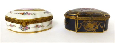 Lot 4 - * A gilt metal mounted Sevres blue ground casket decorated with 18th century lovers, 16.5cm;...