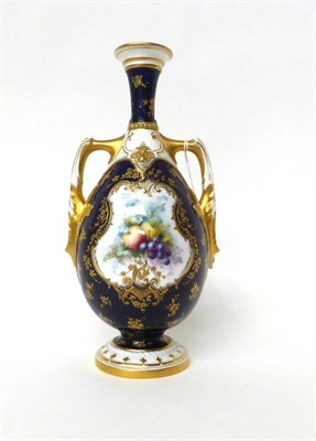 Lot 14 - * A Royal Worcester blue ground twin-handled pear shaped vase, painted with fruit by Chivers,...