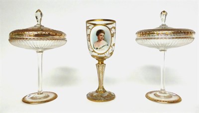 Lot 16 - * A Bohemian glass goblet decorated with a bust portrait of a lady, 20cm; and a pair of glass...