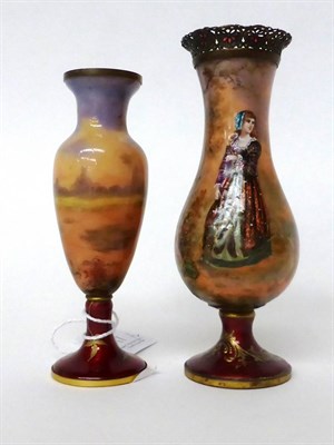 Lot 17 - * A Vienna enamelled small baluster vase decorated with a lady, 11cm; and a similar vase, 12.5cm