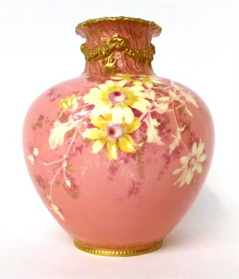 Lot 26 - * A Royal Crown Derby pink ground vase decorated with flowers, 19cm high