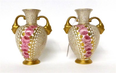 Lot 28 - * A pair of Royal Crown Derby porcelain twin-handled vases painted with pink roses on a gilt...