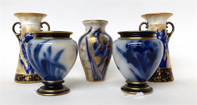 Lot 58 - * A pair of Royal Doulton Flow Blue twin-handled vases, 13.5cm; a similar pair of ovoid vases,...