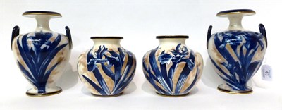 Lot 63 - * A pair of Doulton Burslem Flow Blue ovoid vases, 13cm; a similar pair of twin-handled vases, 19cm