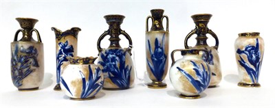 Lot 66 - * A pair of Doulton Lambeth twin-handled baluster vases, 14cm; a similar vase, 13.5cm; a...