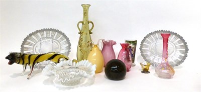 Lot 94 - * A German Historismus glass beaker; a Mary Gregory style glass vase; a Bohemian amber stained...