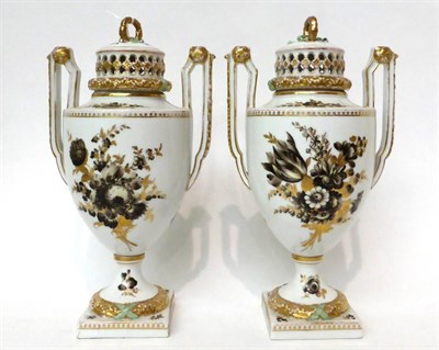 Lot 108 - * A pair of Helena Wolfsohn urn shaped vases and covers decorated en grisaille with flower...