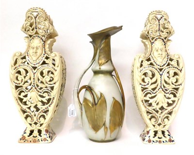 Lot 114 - * A pair of Fischer Renaissance style vases, moulded and pierced with masks and scrolls, 38cm...