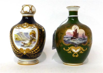 Lot 128 - * A Royal Crown Derby green ground bottle vase, painted by W E Dean with a shipping scene,...