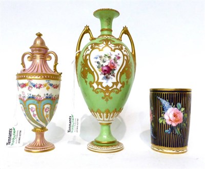 Lot 131 - * A Royal Crown Derby green ground urn shaped vase painted with flowers, 20.5cm; a similar pink...