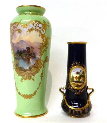 Lot 143 - * A Royal Doulton green ground baluster vase painted with Kilchurn Castle, 23cm; and a similar blue