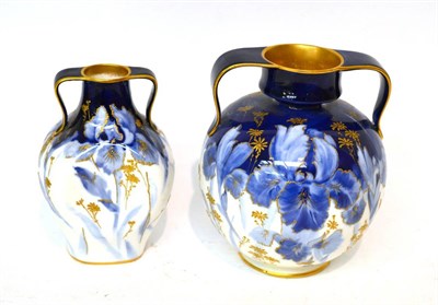 Lot 150 - * A Royal Doulton twin handled ovoid vase decorated with blue and gilt flowers, 16cm high; and...