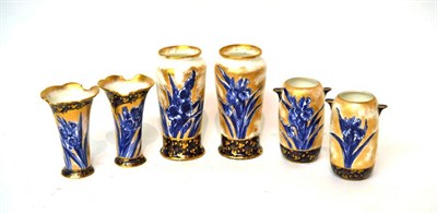 Lot 152 - * A pair of Royal Doulton Flow Blue baluster vases, 14.5cm; another pair of twin handled vases,...