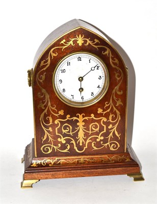 Lot 160 - * A mahogany brass inlaid mantle timepiece, early 20th century, the white dial with Arabic...