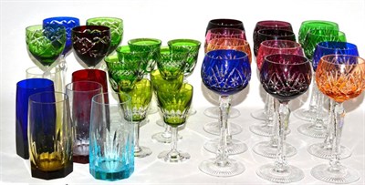 Lot 166 - * Two trays of assorted coloured hock glasses, wines and six lemonade glasses