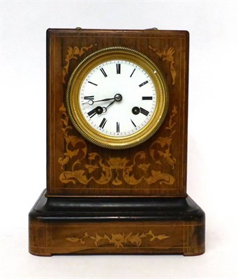 Lot 176 - * A rosewood inlaid striking mantel clock, 19th century, carrying handle, enamel dial with...