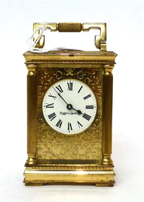 Lot 186 - * A brass carriage timepiece, retailed by Mappin and Webb, 20th century, carrying handle, white...