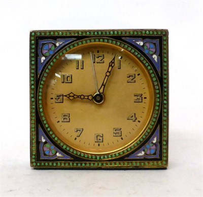 Lot 195 - * A champleve enamel alarm timepiece, circa 1920, multi coloured champleve enamel panels, gilt...