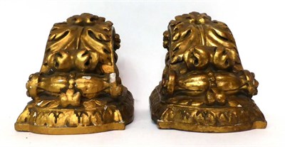 Lot 208 - * A pair of 19th century giltwood and gesso wall brackets, carved with leaves and scrolls, 15cm...