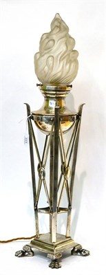 Lot 223 - * An Art Deco chrome table lamp raised on paw feet with a frosted glass shade, 66cm high