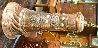 Lot 232 - A substantial 19th century brass mounted copper stein cast decorated in repousse with figures...