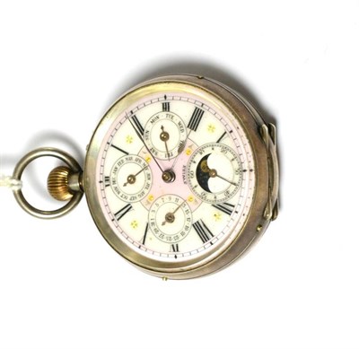 Lot 240 - A triple calendar moonphase pocket watch, circa 1900, lever movement, enamel dial with Roman...