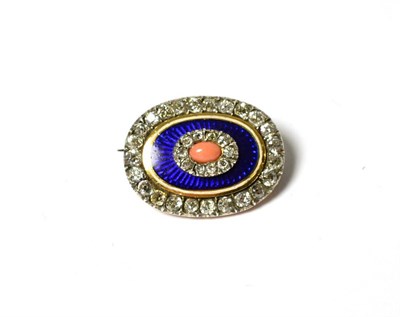 Lot 251 - A late 19th century coral diamond and enamel oval brooch, the central coral within a border of...