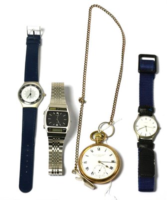 Lot 254 - A gold plated pocket watch, Seiko quartz wristwatch and two other gents quartz wristwatches (4)