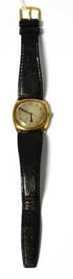 Lot 258 - A 9ct gold cushion shaped wristwatch, 1937, lever movement, silvered dial with Arabic numerals,...