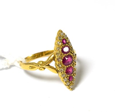 Lot 269 - A ruby and diamond navette cluster ring, graduated oval cut and round cut rubies within a border of