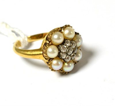 Lot 273 - A diamond and split pearl cluster ring, a cluster of eight old cut diamonds within a border of...