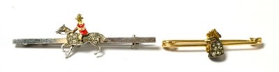 Lot 279 - A bar brooch, with a diamond set cockerel's head to the centre, length 3.6cm, and a bar brooch,...