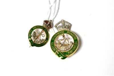 Lot 283 - Two Regimental brooches for Notts Sherwood Rangers Yeomanry, both enamelled in green, with...