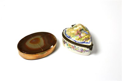 Lot 286 - Heart shaped 18th century enamel box and cover 'Lille 1767' and an agate oval hinged snuff box...