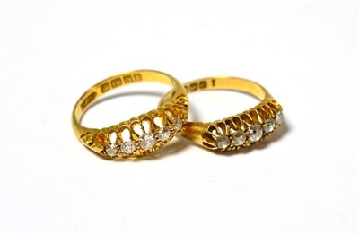 Lot 293 - Two 18ct gold Victorian diamond five stone rings, each with graduated old cut diamonds in...