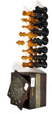 Lot 324 - Staunton pattern chess set ebony and boxwood weighted piece with Rook and Knight marked with...