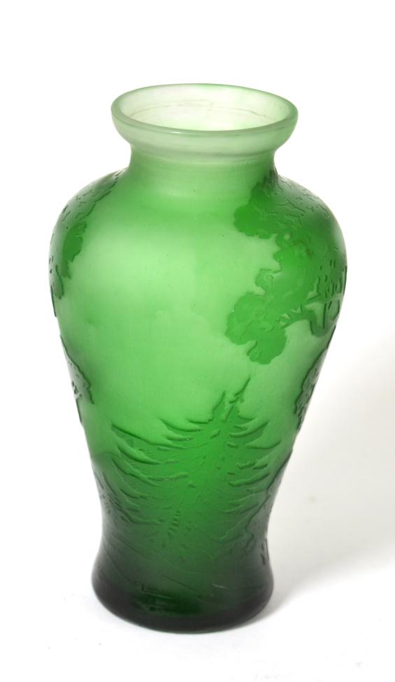 Lot 325 - A DeLatte, Nancy acid etched green glass cameo vase, 19.4cm