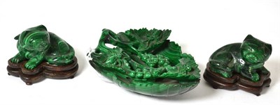 Lot 326 - Malachite ";vine"; dish and pair recumbent dogs